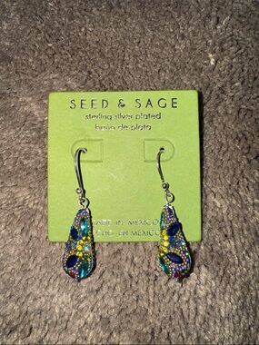 Seed & Sage Colorful Floral Beaded Sterling Silver Plated Dangle Earrings Mexico
